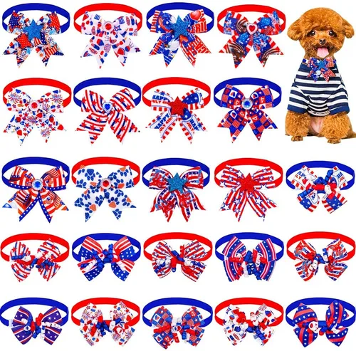 24 corbatines para perro del 4 de julio, pajarita para mascotas del Día de la Independencia, collar de rayas de estrellas ajustable, pajarita
