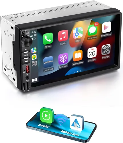 Estéreo de coche doble DIN con pantalla táctil HD de 7 pulgadas, radio Bluetooth para automóvil in-Dsah navegación con Carplay inalámbrico y Android