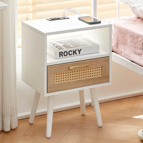 Miniatura 12 de Mesita de noche, mesa auxiliar con cajón decorativo de ratán y patas de madera maciza, mesa decorativa de madera con almacenamiento para dormitorio