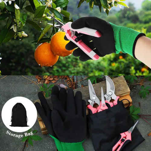 Miniatura 5 de 4 paquetes de tijeras de podar para jardín, con cuchillas de acero inoxidable, tijeras manuales de podar con guantes de jardinería (Rosa)