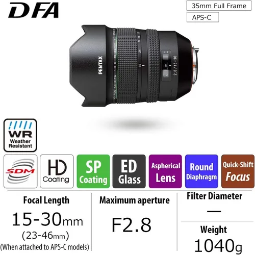 Miniatura 2 de Pentax D FA F2.8ED SDM WR 15-30mm f/2.8 Lente de Zoom Ultra Gran Angular para Pentax K