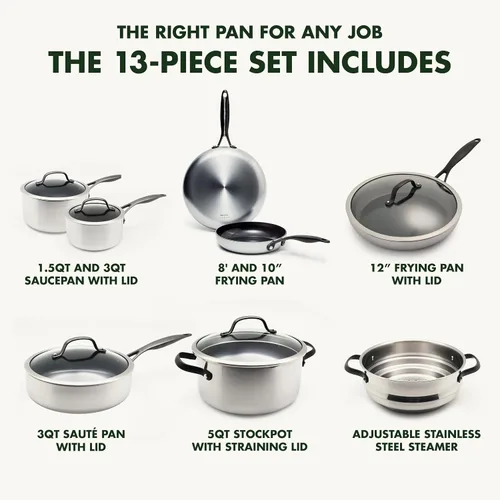 Miniatura 2 de GreenPan Venice Pro Noir - Juego de ollas y sartenes de cerámica saludable de acero inoxidable de tres capas, antiadherentes, mango negro mate, sin