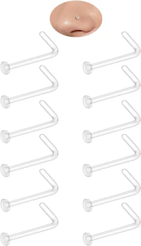 Juego de 12 aretes de nariz transparentes para el trabajo, para mujeres y hombres, 12 piezas de 18G 20G Bioflex de plástico en forma de L, retenedor