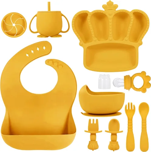 Miniatura 8 de Juego de alimentación para bebés de silicona 10 piezas Suministros de destete con luz LED para bebés Cuenco con ventosa Plato dividido Baberos