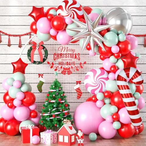 Miniatura 11 de Kit de Guirnalda de Globos de Navidad, 108 Piezas Globos Retro Verde Oscuro Rojo Oro Arco con Globos 4D, Globos de Caramelo en Forma de Bastón