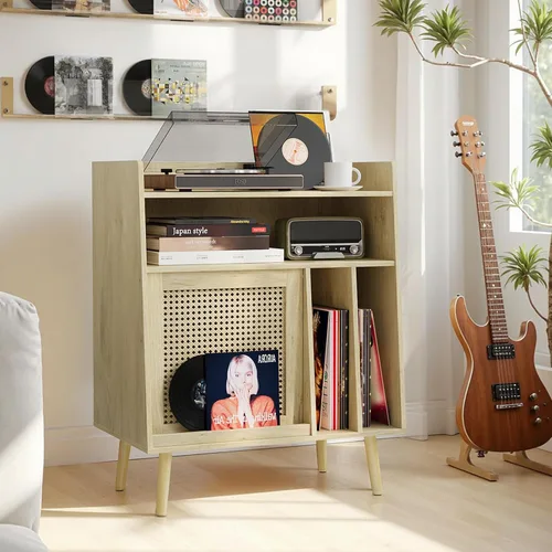 Miniatura 8 de Kiasthome - Soporte para tocadiscos, gabinete de almacenamiento de discos de vinilo de hasta 150 álbumes, mesa auxiliar moderna de mediados de siglo