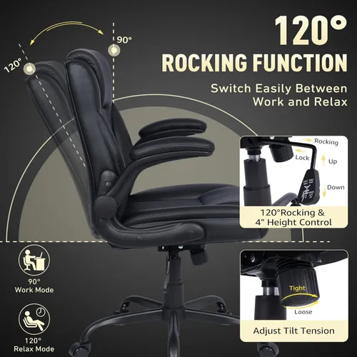 Miniatura 6 de Silla de Oficina para el Hogar con Soporte Lumbar, Asiento Engrosado de 5", Pequeña Silla de Escritorio Mecedora de Cuero PU, Cómodas Sillas de Negro