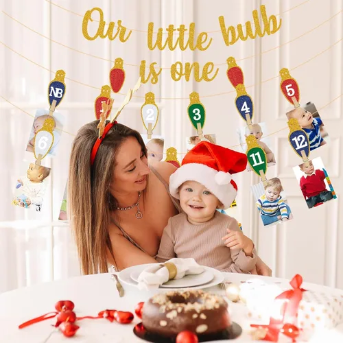 Miniatura 5 de Bombilla de Luz de Navidad Banner de Fotos de Primer Cumpleaños Bombilla de Luz de Navidad Banner de Fotos para Recién Nacido a 12 Meses Hito