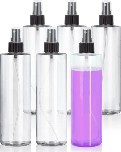 JUVITUS Botellas de plástico PET cilíndricas profesionales transparentes de 12 onzas (sin BPA) (paquete de 6, pulverizador negro de niebla fina)