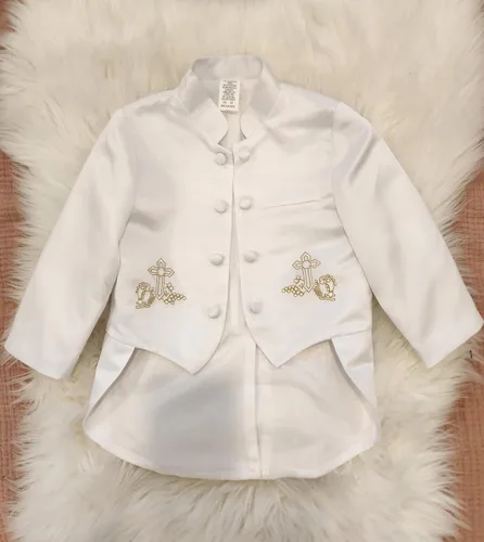 Miniatura 6 de iGilrDress - Cola de cuello mandarín blanco para bautizo y bautizo, 5 piezas, esmoquin con bordado cruzado
