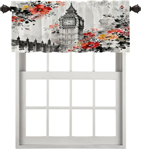 Miniatura 93 de Cortinas opacas de cocina con pintura al óleo de Europa rosa y negra para ventanas, cenefas opacas modernas de torre Eiffel de poliéster multicapa