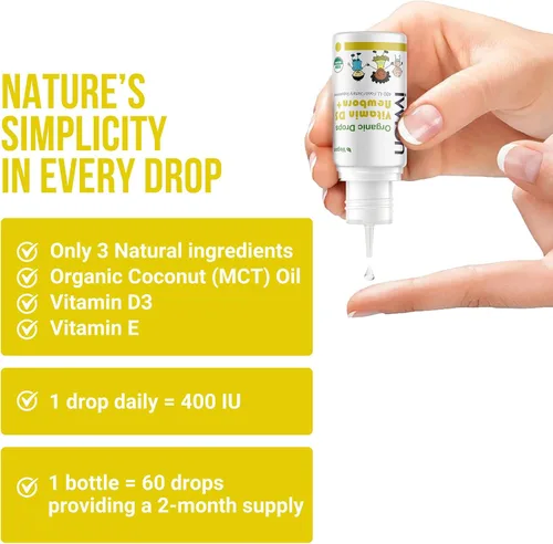 Miniatura 5 de Vegano orgánico 400IU, vitamina D3, 60 gotas – Gota para bebés y niños pequeños USDA orgánico, sin OMG, a base de plantas, sin aditivos ni