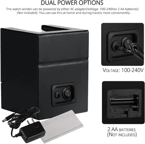 Miniatura 7 de Bobinadora automática de un solo reloj con motor japonés silencioso, en carcasa de madera y cuero negro, adaptador de CA o funciona