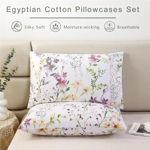 Miniatura 2 de URBONUR Juego de 2 fundas de almohada 100% algodón con estampado floral, fundas de almohada decorativas de tamaño estándar suaves, transpirables