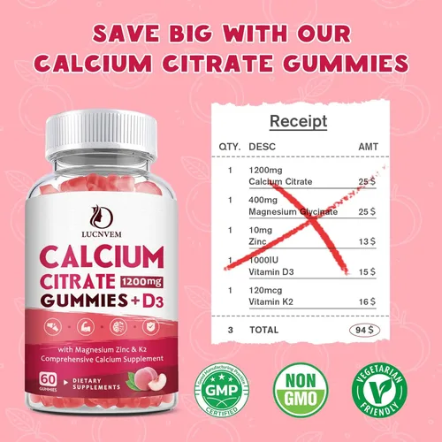 Miniatura 4 de Gomas de Citrato de Calcio 1200mg con Vitamina D3, Gomas de Calcio con Vitamina D3 para Mujeres y Hombres, Cal Magnesio Zinc para la Salud de Huesos