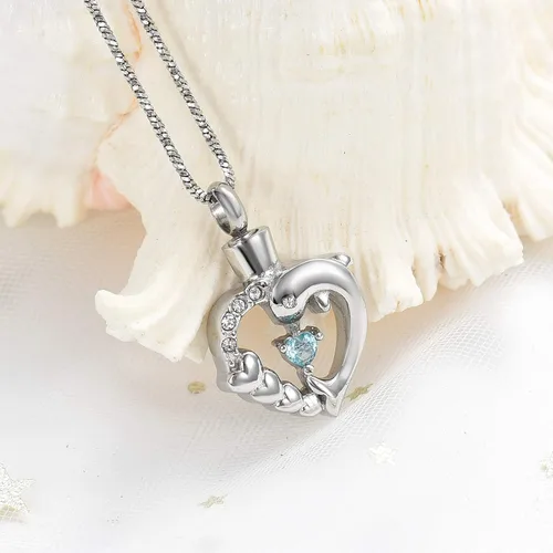 Miniatura 28 de Yinplsmemory Collar de urna de corazón de delfín para cenizas para mujer, colgante de urna de corazón de cristal, collar de recuerdo de cenizas