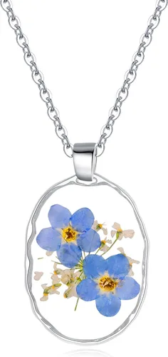Miniatura 38 de Forget-Me-Not and Queen Anne's Lace Pressed Wildflower Necklace Birth Month Real Flower Necklace Gold/Silver Pressed Flower Jewelry