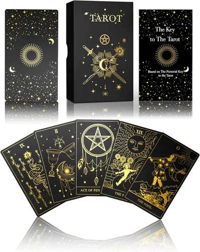 Miniatura 11 de WJPC Juego de cartas de tarot de lámina de oro rosa con guía y caja de regalo para principiantes y expertos. Tarjetas de juego de adivinación