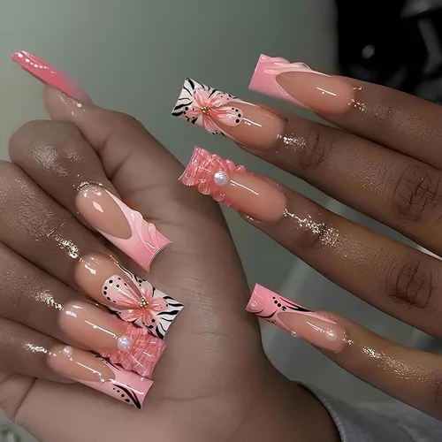 Miniatura 10 de MISUD - Uñas postizas largas cuadradas con pegamento de Rojo Gótico y Negro, diseño cruzado gótico Y2K acrílico, 24 piezas