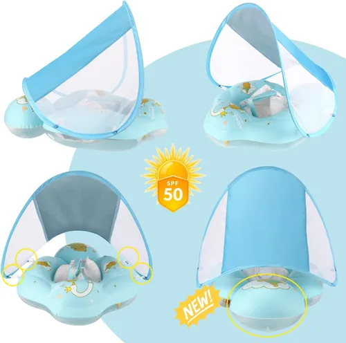 Miniatura 2 de WYRIAZA Flotador para bebé con toldo, flotador de natación para piscina para bebés, flotadores para niños pequeños con protección solar UPF50+, Azul