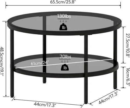 Miniatura 2 de Yusong Mesas de centro redondas de vidrio para sala de estar, mesa auxiliar circular de 2 niveles con almacenamiento, mesa central moderna de 26