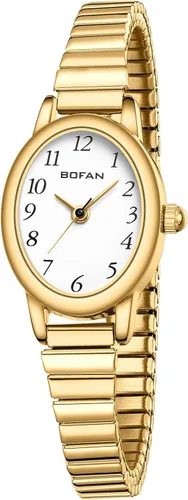 Miniatura 11 de BOFAN Relojes pequeños de oro para mujer, relojes de pulsera de cuarzo de fácil lectura con banda de expansión de acero inoxidable, resistente al