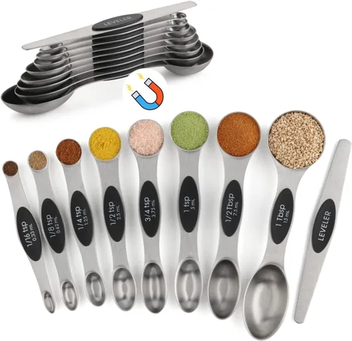Juego de 9 cucharas medidoras magnéticas de acero inoxidable de doble cara, cucharas medidoras apilables, cucharadita de anidación, cabe en frascos