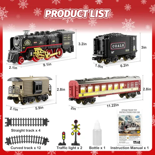 Miniatura 5 de Funwee Juguete de tren eléctrico con humo, luces y sonido, juego de tren para debajo del árbol de Navidad, modelo de tren de locomotora con pista