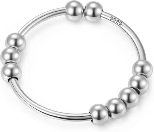 LOVECOM 925 Sterling Silver Anxiety Fidget with Beads Rings for Anxiety Spinner Ring for Women Men 14K Gold Plated Stress Relief Spinning Ring
