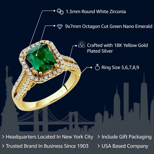 Miniatura 2 de Gem Stone King Anillo de esmeralda simulada de plata chapada en oro amarillo de 18 quilates para mujer 2.78 quilates Corte esmeralda 9X7MM