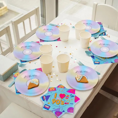 Miniatura 8 de 50 platos y servilletas de papel de fiesta de los 90 para platos de postre de los 90, decoración temática de los años 90, juego de vajilla
