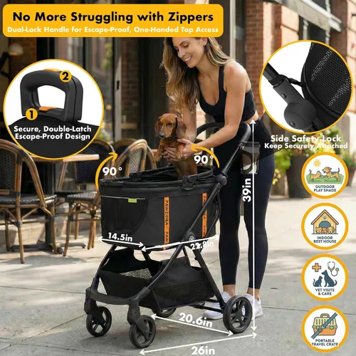 Miniatura 3 de PAWZIDEA Carriola de mascotas 4 en 1, Carriola de gatos con portaequipaje desmontable y dosel sin cremallera, jaula portátil para perros