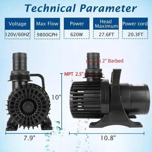 Miniatura 4 de WaterRebirth (9800GPH-620W, UL listado) Bomba sumergible de acuario de agua de estanque de alto flujo Aplicación de múltiples escenarios