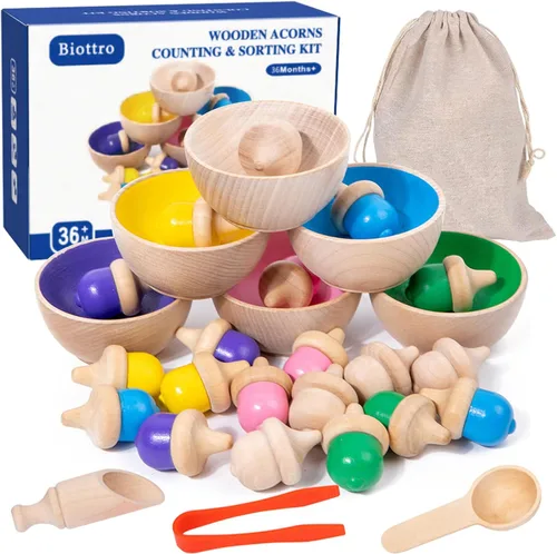 Juguetes de madera para clasificar colores para niños pequeños, juego de conteo Montessori con 6 cuencos y 20 bellotas pesadas, piezas sin pintar de