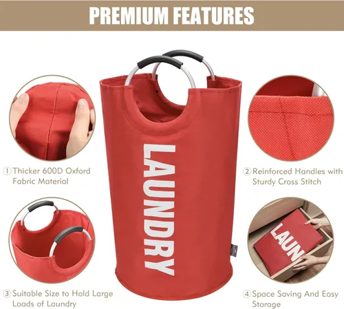 Miniatura 6 de DOKEHOM Cesta de lavandería grande de 90 L, bolsa de lavandería plegable, cesta de ropa alta independiente, contenedor de lavado plegable (rojo)