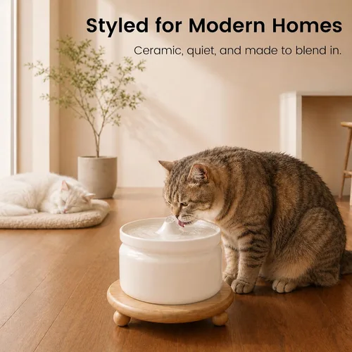 Miniatura 2 de Fuente de agua de cerámica para gatos, fuente automática para beber mascotas de 1 litro/32 onzas, bomba silenciosa alimentada por USB, triple Crema