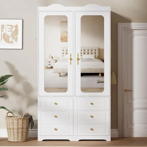Armario de Clóset, Armarios de Dormitorio Blancos con Puerta de Espejo y 6 Cajones, Armario de Almacenamiento de Ropa de 15.7" de Ancho/69.5" de
