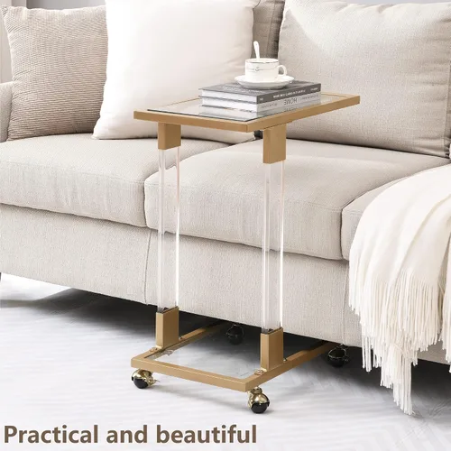 Miniatura 3 de Mesa auxiliar de cristal dorado en forma de C con ruedas móviles, mesa de acrílico para sala de estar, mesa C transparente para dormitorio, muebles