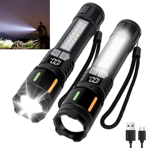Linternas recargables de alto lúmenes, paquete de 2 unidades, Peascat 900,000L LED luz táctica, carga rápida USB C, 5 modos, IPX6 impermeable,