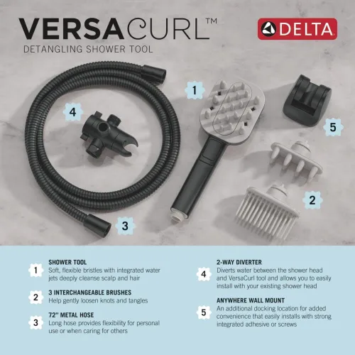 Miniatura 6 de Cabeza de ducha manual Delta VersaCurl para desenredar el cabello rizado con 3 insertos de cepillo para definir rizos incluidos, ducha de mano