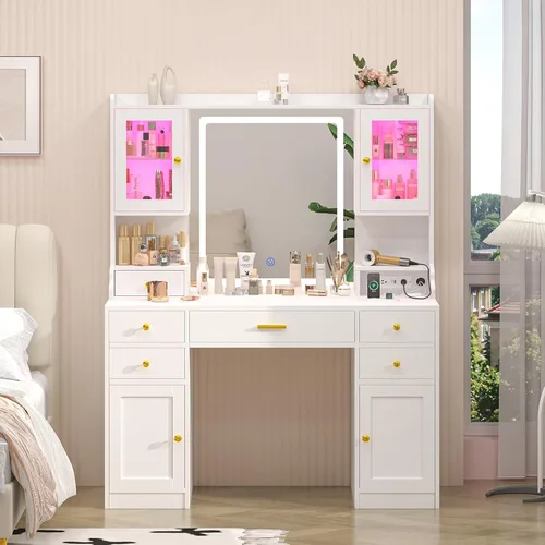 Miniatura 9 de Escritorio de tocador con espejo y luces, mesa de tocador de maquillaje blanca con estación de carga, escritorio grande con 6 cajones y 2 gabinetes