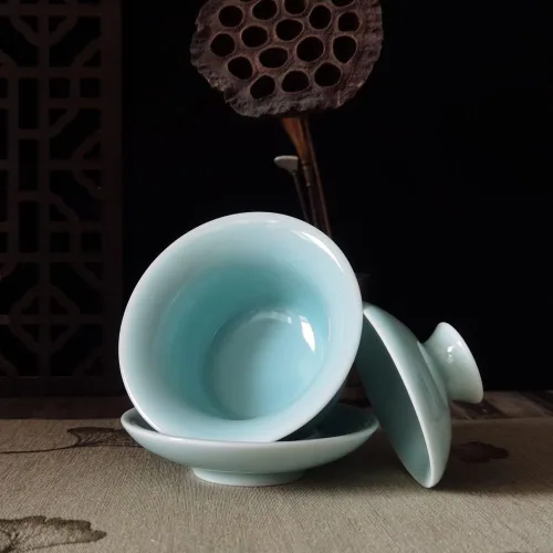Miniatura 6 de Gaiwan Kung Fu - Juego de tazas de té y platillo de porcelana con tapa, 5 onzas (azul cielo)