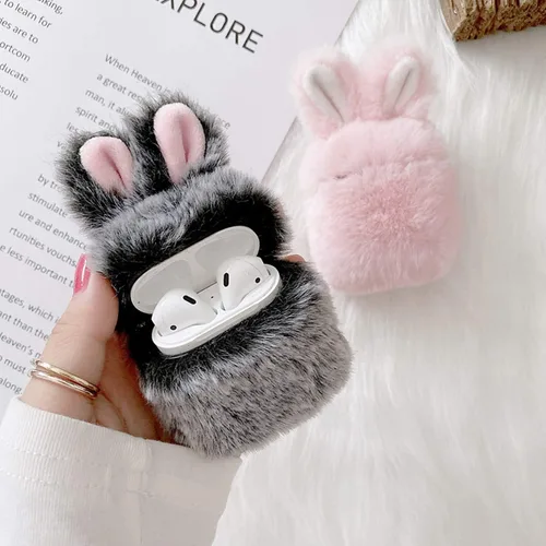 Miniatura 6 de Guppy Compatible con AirPods Furry Bunny Case Girls 3D Cartoon Cute Rabbit Ears Plush Fluffy Warm Funda de transporte suave funda protectora Rosa