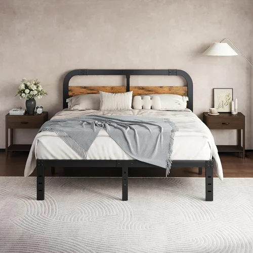 ZIYOO Base de cama Queen de 14 pulgadas con cabecero, marco de cama de plataforma resistente, no necesita somier, sin ruido, espacio de