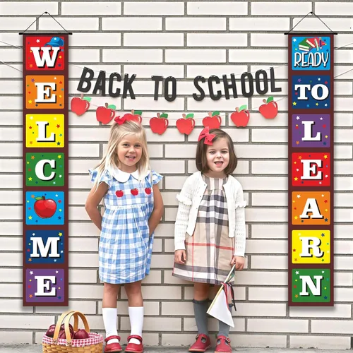 Miniatura 7 de Cartel de bienvenida de regreso a la escuela para el primer día de escuela, decoración colgante listo para aprender, decoración de telón de fondo
