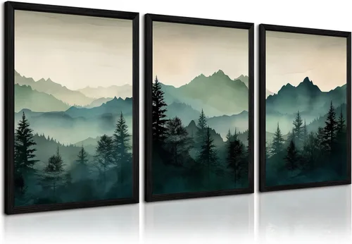 Miniatura 17 de Decoración de pared de montaña neutral Arte de pared de set de 3 lienzos de bosque Arte de pared de paisajes Arte de pared moderno Cuadros