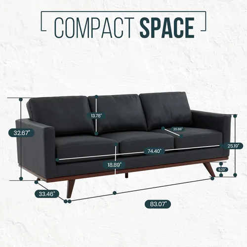 Miniatura 2 de LeisureMod Chester - Sofá moderno de cuero de 3 plazas con base de madera de abedul, sofá de sala de estar de mediados de siglo, 33.46 pulgadas