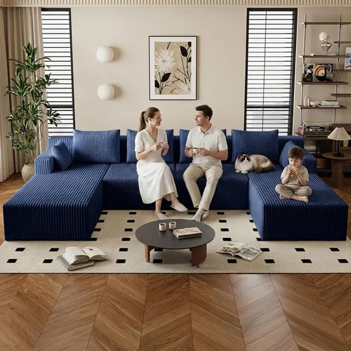 Miniatura 48 de Sofá modular de 95 pulgadas con otomana, moderno sofá nube de pana con asiento profundo, sofá sin hueso tapizado de 3 plazas en forma de U para sala