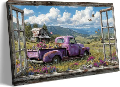 Miniatura 37 de Decoración rústica de granja en lienzo con ventana abierta, impresiones artísticas para pared, pintura de camión viejo, lienzo de granero y bandera