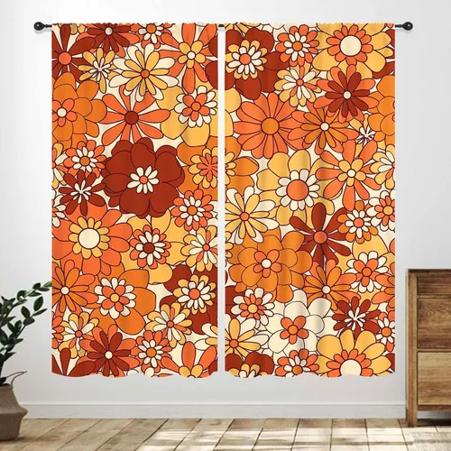 Cortinas florales retro, color naranja de los años 70, estilo hippie, lindas cortinas bohemias vintage para dormitorio, sala de estar, cocina,